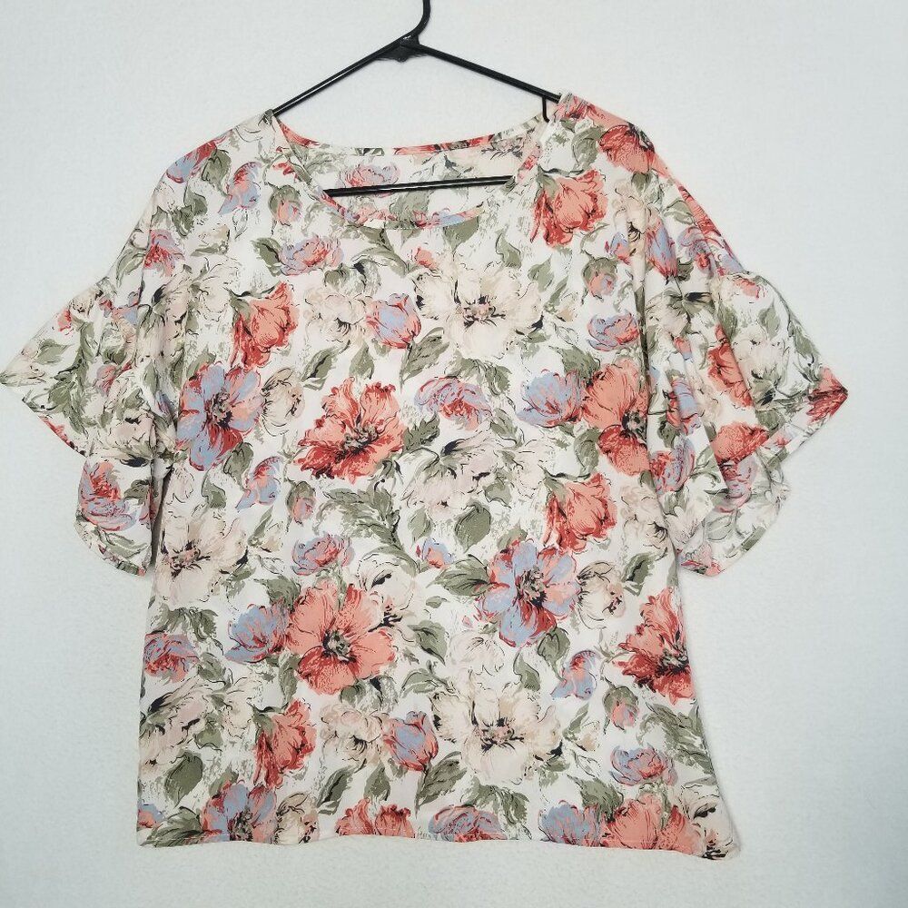 Floral Top Ruffle Sleeves Large